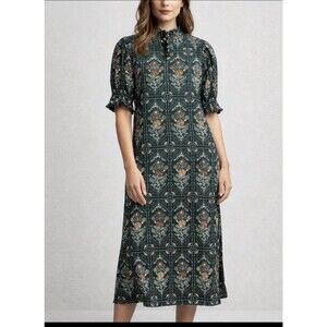 J Marie Floral Midi Maxi Dress Medium Green Cotton Lined Pockets Boho $169